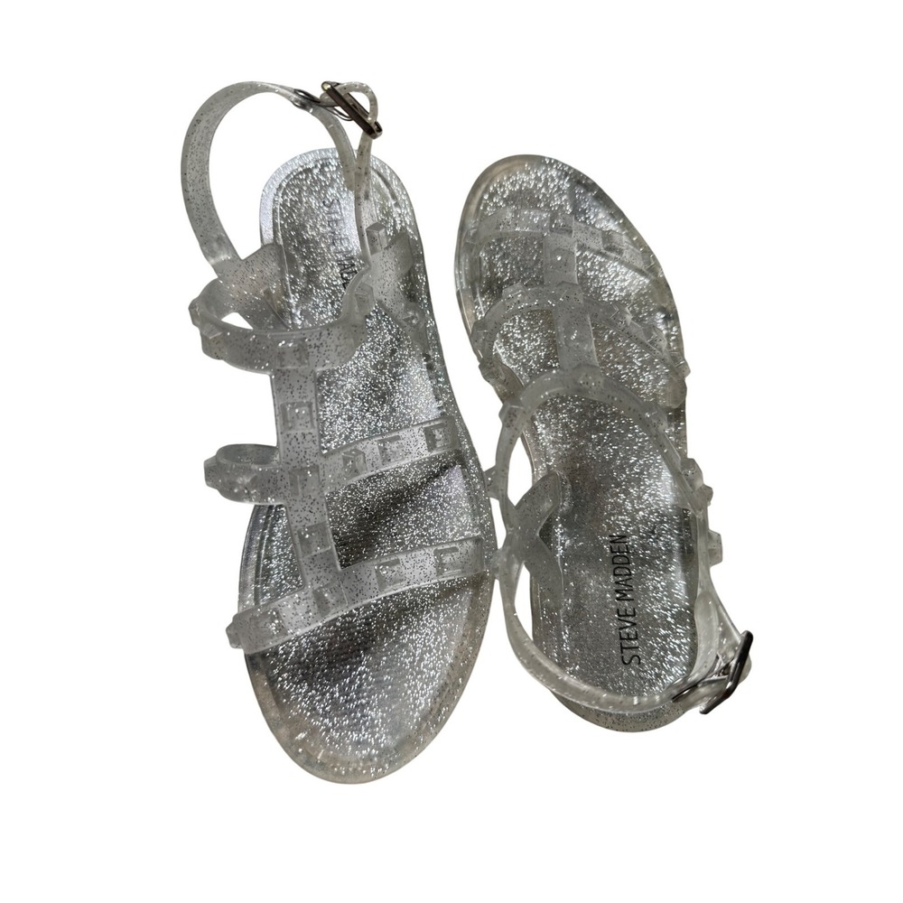 Steve Madden Kids Clear Glitter Jelly‎ Sandals Studded T-Strap Silver Size 1
